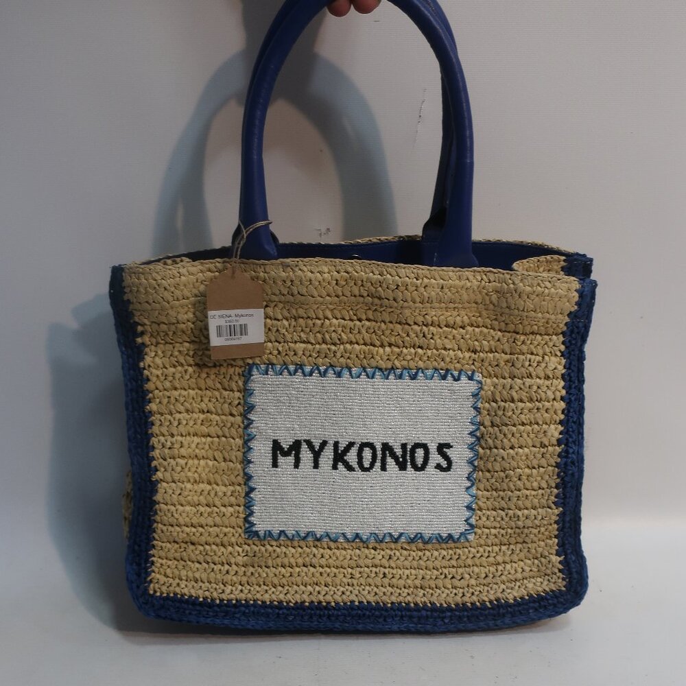 NWT Womens De Siena Mykonos Raffia Natural Blue Resortwear Shoulder Tote Handbag